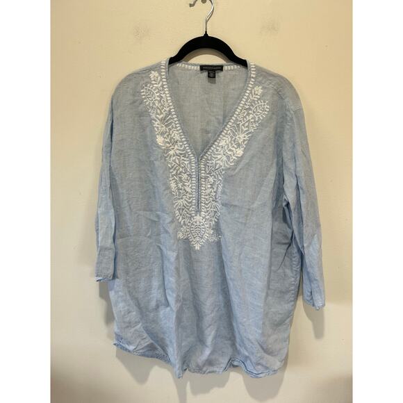 Saks Fifth Avenue Tops - Saks FIfth Avenue linen top size L blue embroidery tunic boho nautical resort